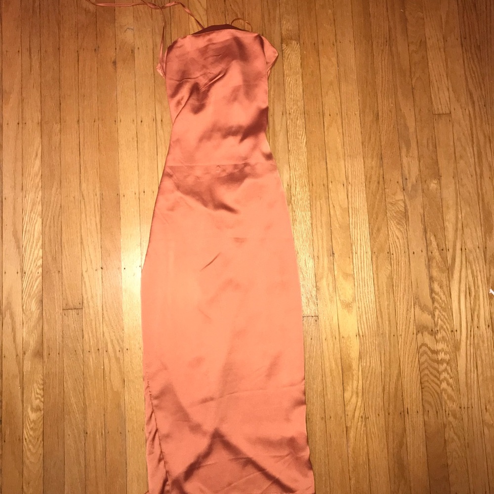 Burnt orange satin dress with a lace up back